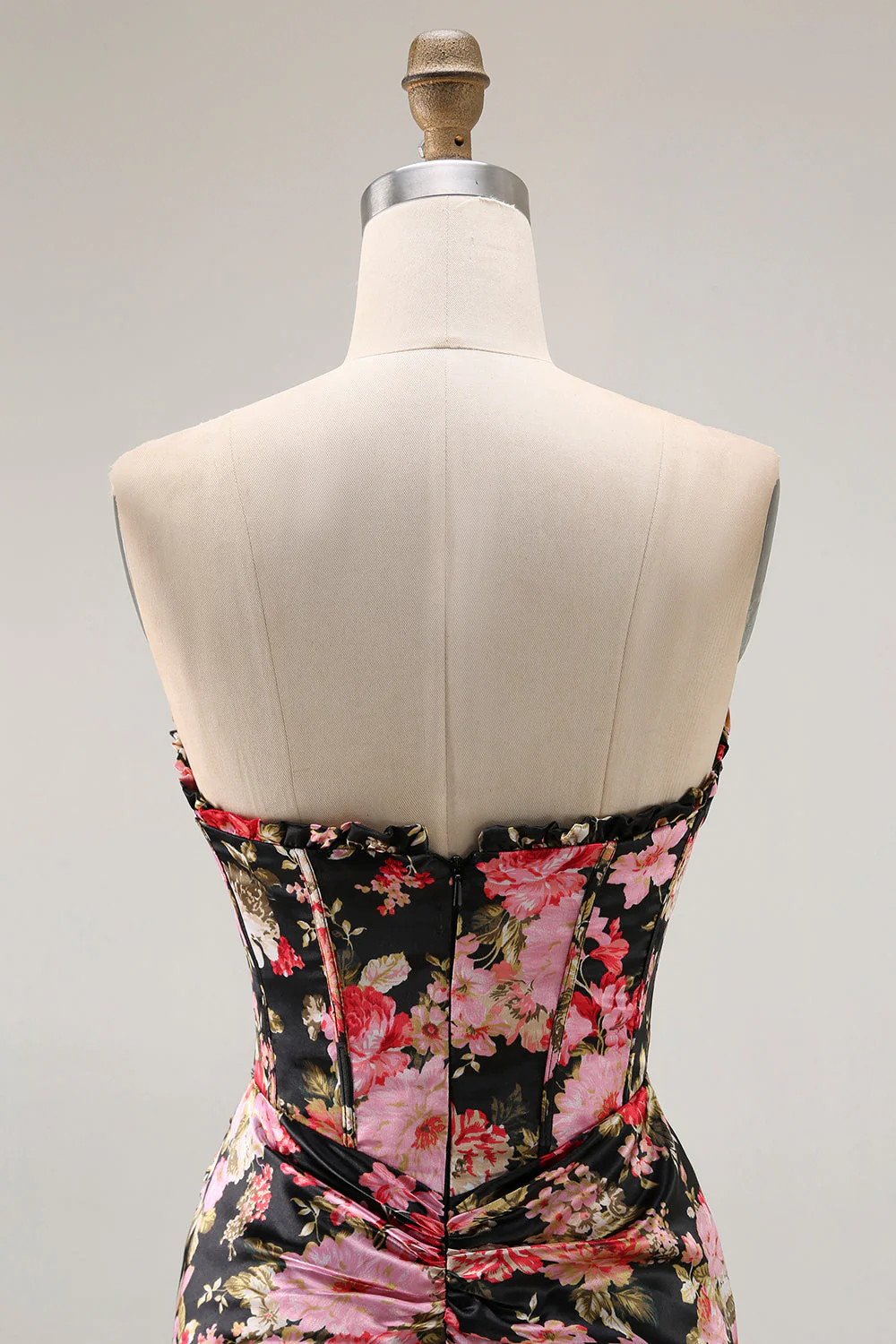 Black Pink Floral Mermaid Strapless Corset Long Prom Dress with Slit - Image 5