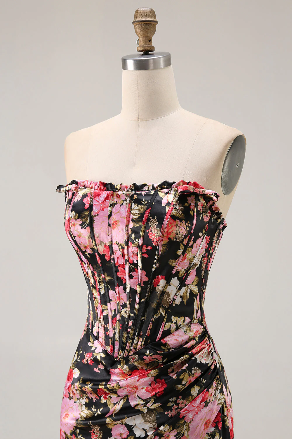 Black Pink Floral Mermaid Strapless Corset Long Prom Dress with Slit - Image 6