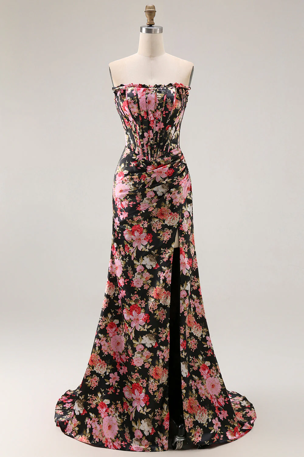 Black Pink Floral Strapless Corset Mermaid Long Prom Dress with Slit - Image 8