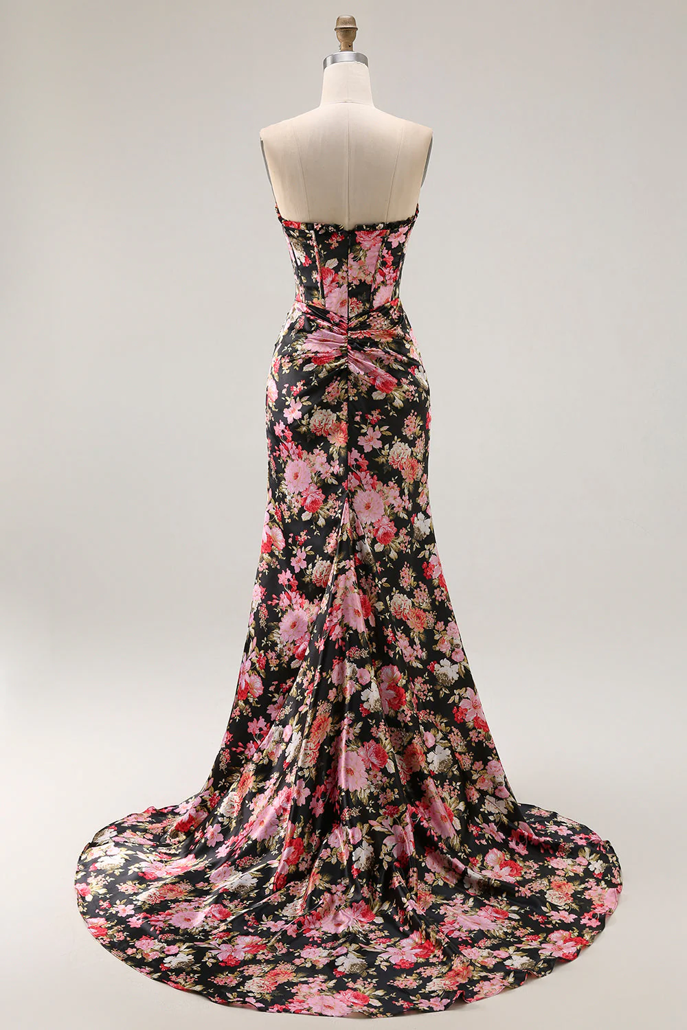 Black Pink Floral Strapless Corset Mermaid Long Prom Dress with Slit - Image 9