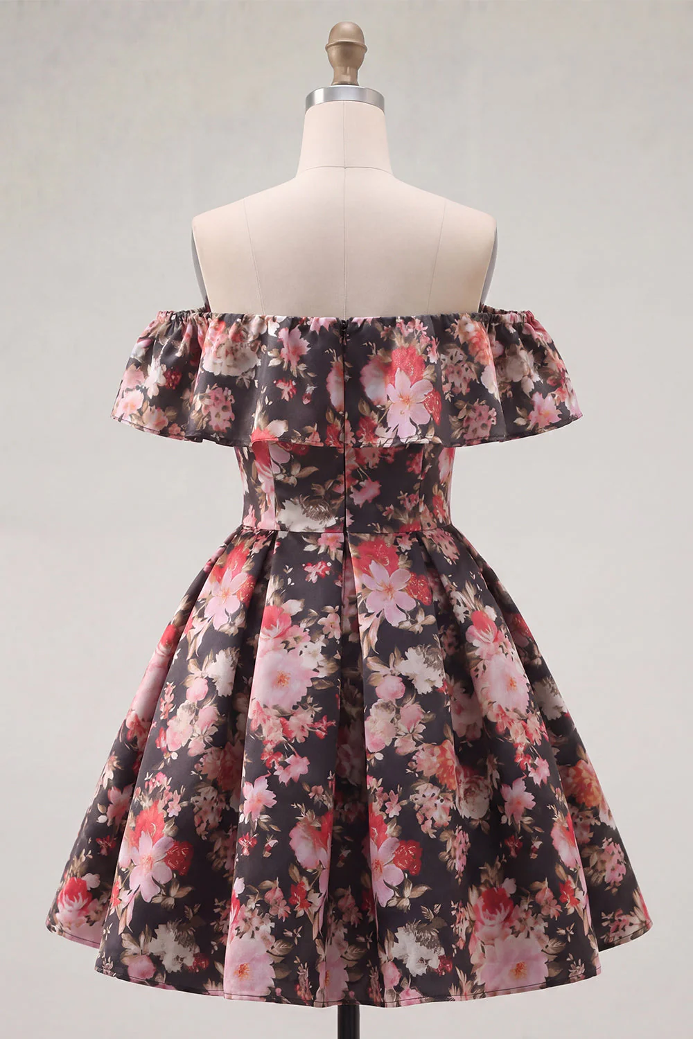 Off the Shoulder Black Pink Flower Printed A Line Short Cocktail Dress - Image 2