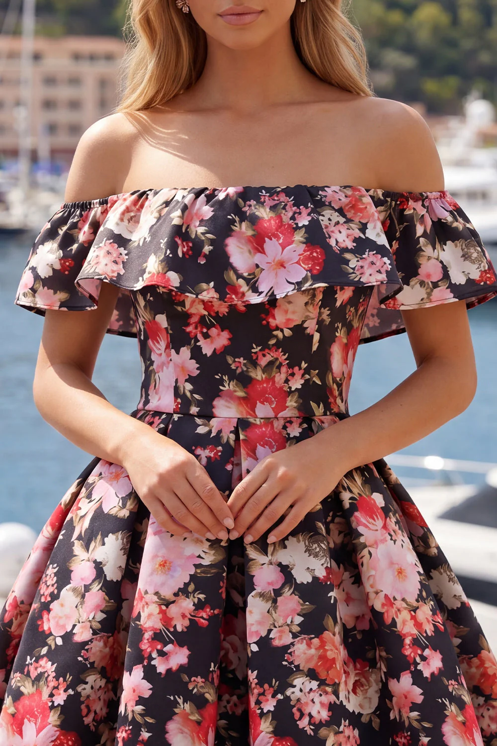 Off the Shoulder Black Pink Flower Printed A Line Short Cocktail Dress - Image 5