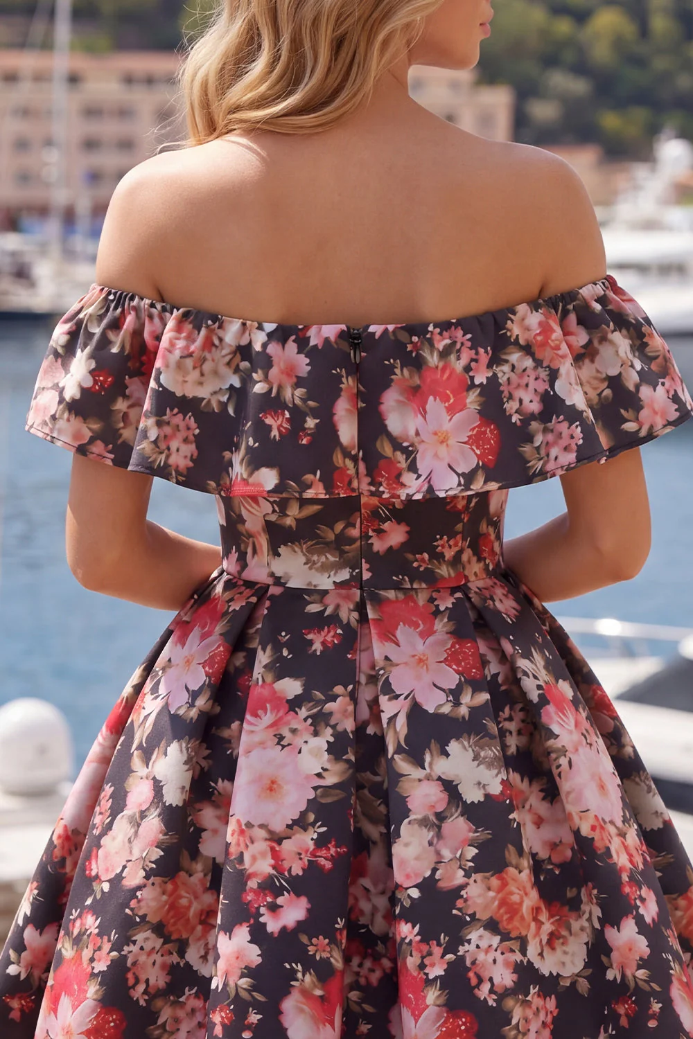 Off the Shoulder Black Pink Flower Printed A Line Short Cocktail Dress - Image 6