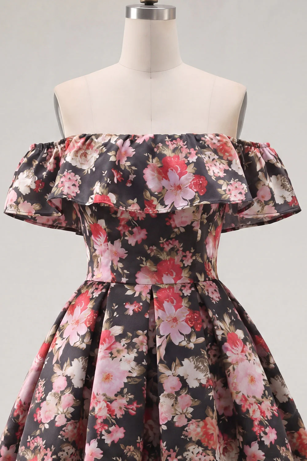 Off the Shoulder Black Pink Flower Printed A Line Short Cocktail Dress - Image 7