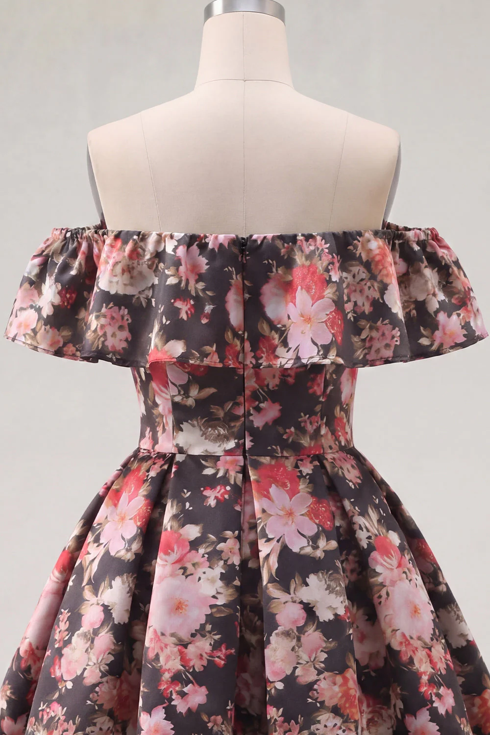 Off the Shoulder Black Pink Flower Printed A Line Short Cocktail Dress - Image 8
