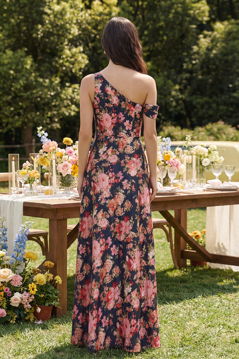 Black Pink Flower One Shoulder A-Line Midi Satin Dress - Image 2