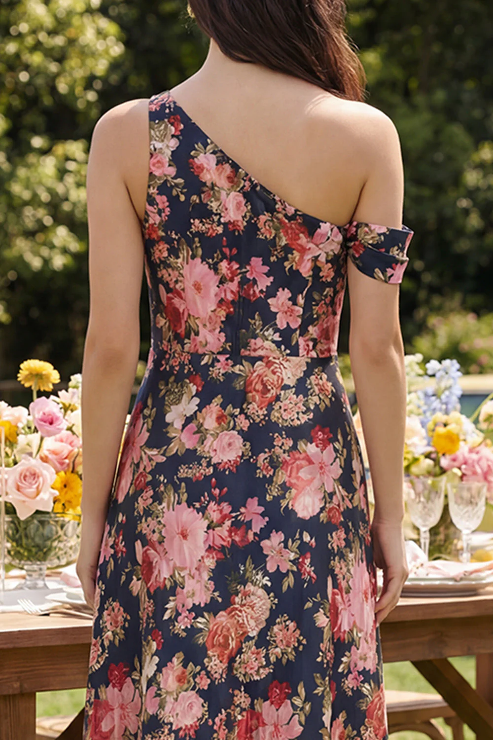 Black Pink Flower One Shoulder A-Line Midi Satin Dress - Image 4
