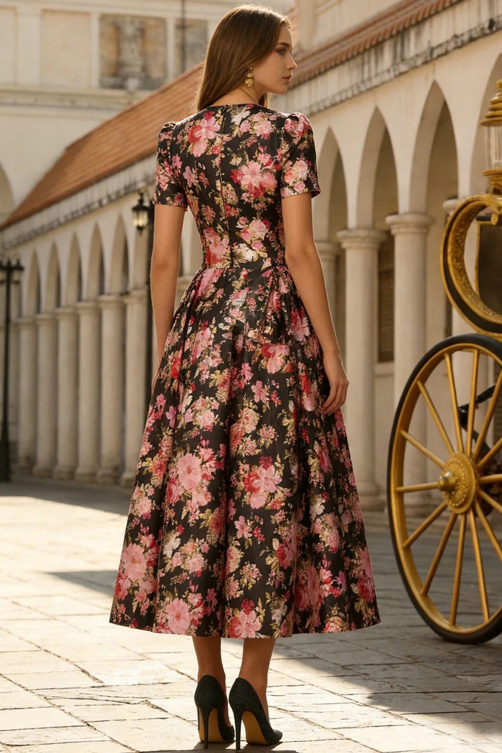 Black Pink Flower A-Line Short Sleeves Midi Satin Dress with Pockets - Image 2