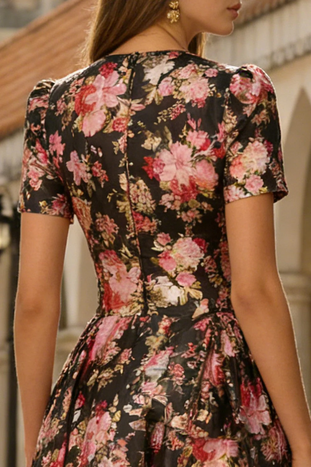 Black Pink Flower A-Line Short Sleeves Midi Satin Dress with Pockets - Image 4
