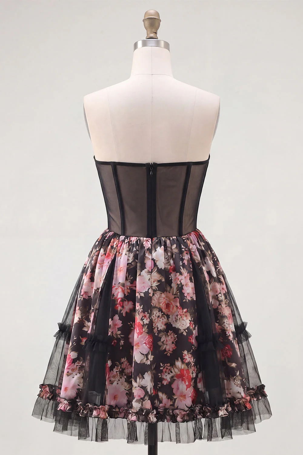 Strapless  Sheer Corset Black Pink Flower A Line Short Cocktail Dress - Image 2
