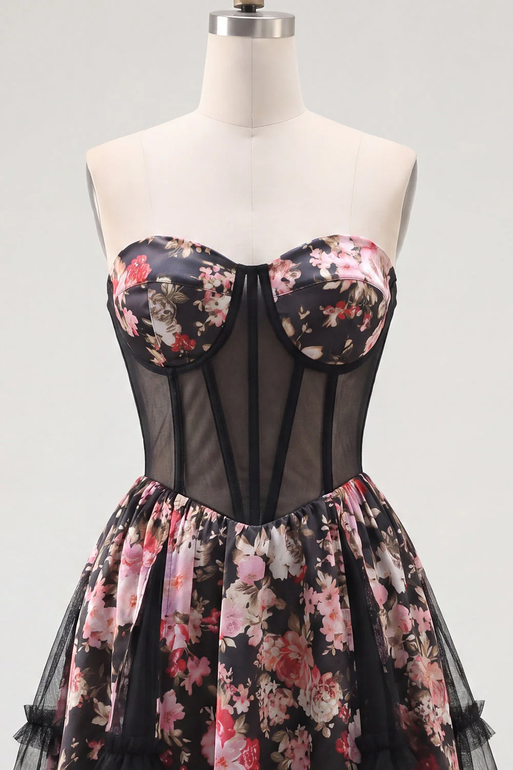Strapless  Sheer Corset Black Pink Flower A Line Short Cocktail Dress - Image 5