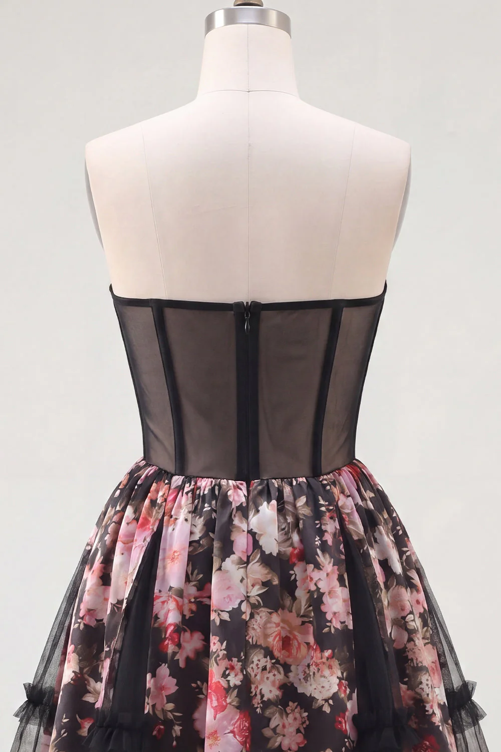 Strapless  Sheer Corset Black Pink Flower A Line Short Cocktail Dress - Image 6