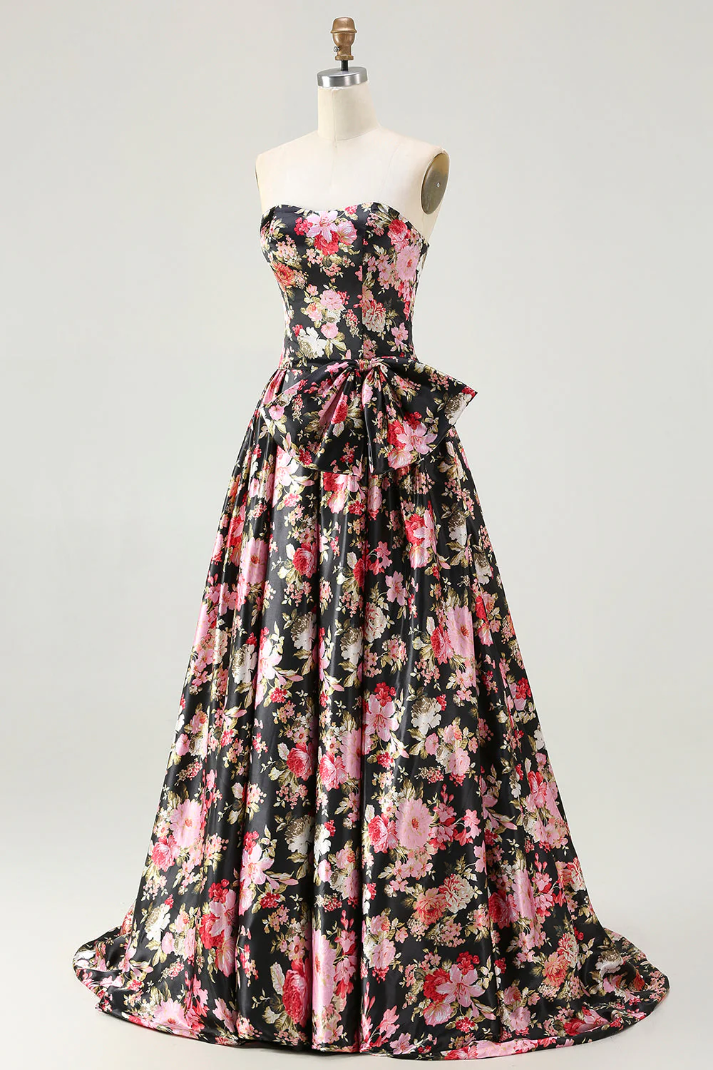 Black Pink Flower A Line Strapless Printed Long Prom Dress with Bow - Image 3