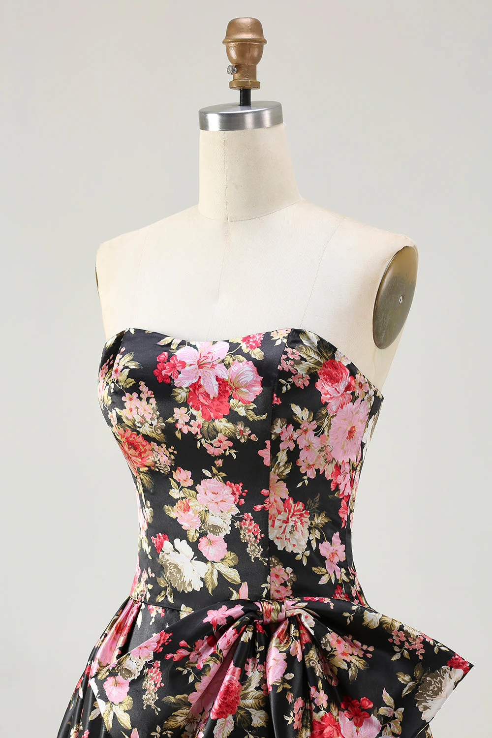 Black Pink Flower A Line Strapless Printed Long Prom Dress with Bow - Image 6