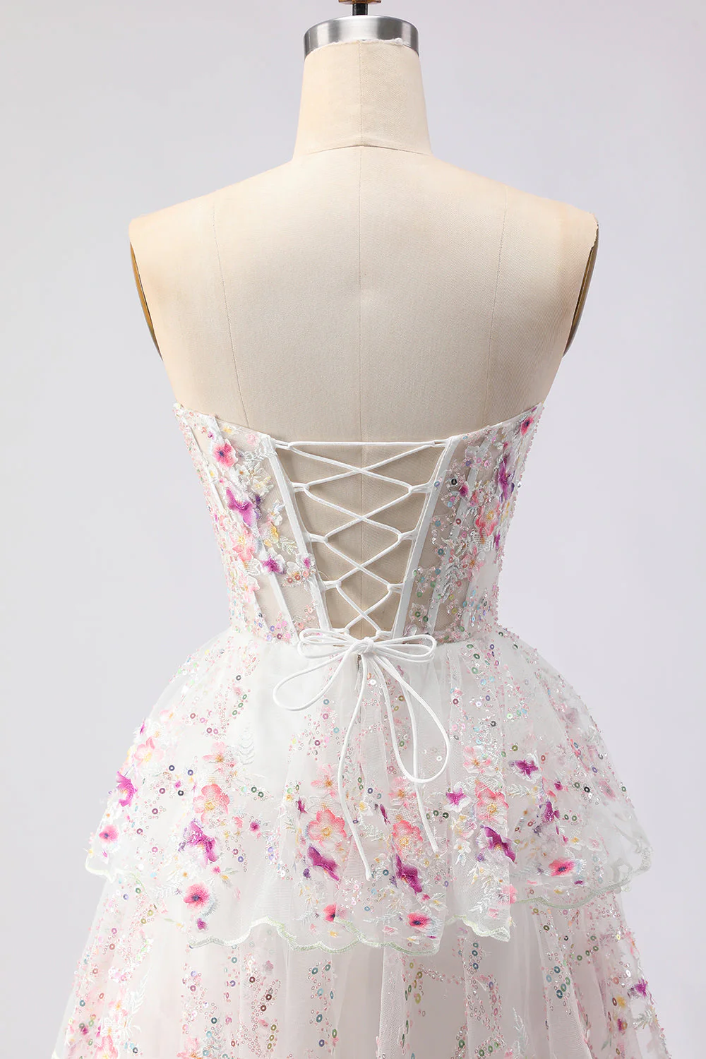 Black Pink Flower A-Line Strapless Tiered Sequin Long Prom Dress with Lace Up Back - Image 10