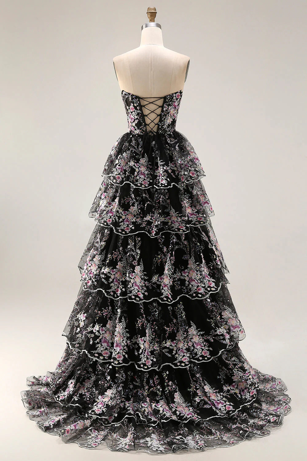 Black Pink Flower A-Line Strapless Tiered Sequin Long Prom Dress with Lace Up Back - Image 2