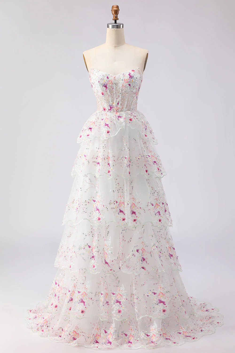 Black Pink Flower A-Line Strapless Tiered Sequin Long Prom Dress with Lace Up Back - Image 6