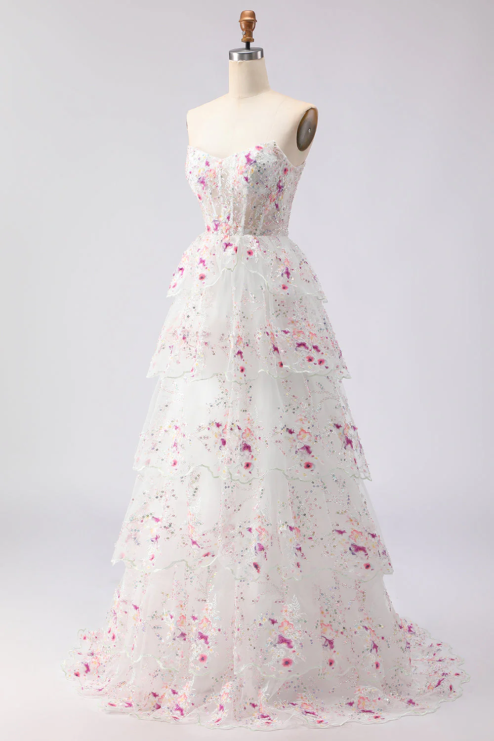 Black Pink Flower A-Line Strapless Tiered Sequin Long Prom Dress with Lace Up Back - Image 8
