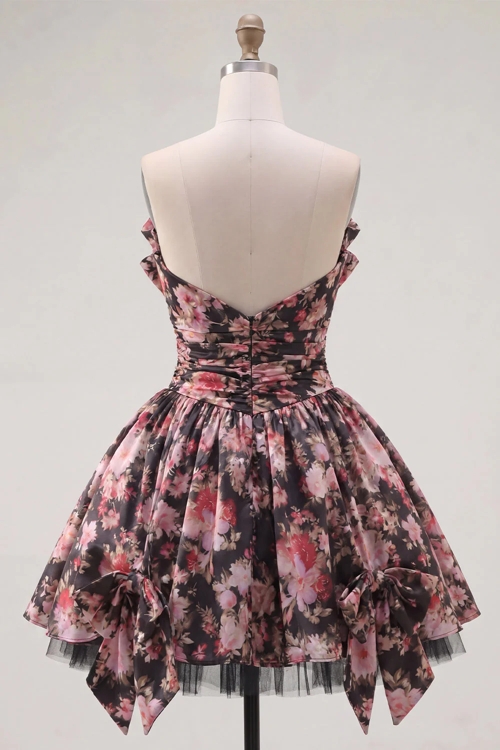 Black Pink Floral A Line Strapless Ruched Short Cocktail Dress with Bows - Image 2