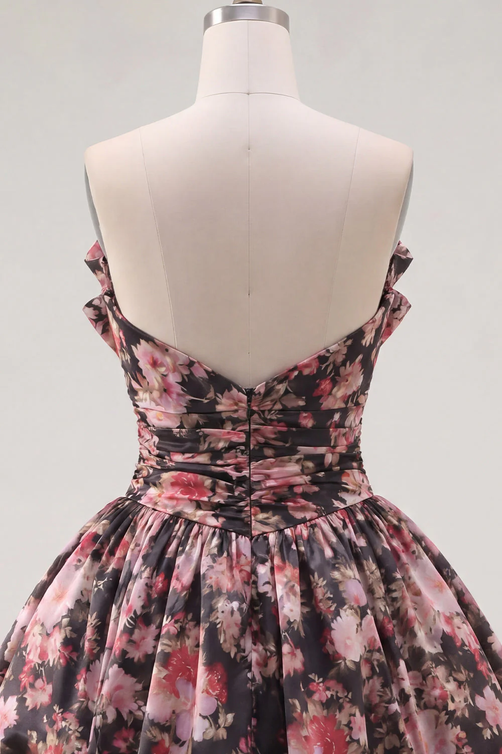 Black Pink Floral A Line Strapless Ruched Short Cocktail Dress with Bows - Image 6