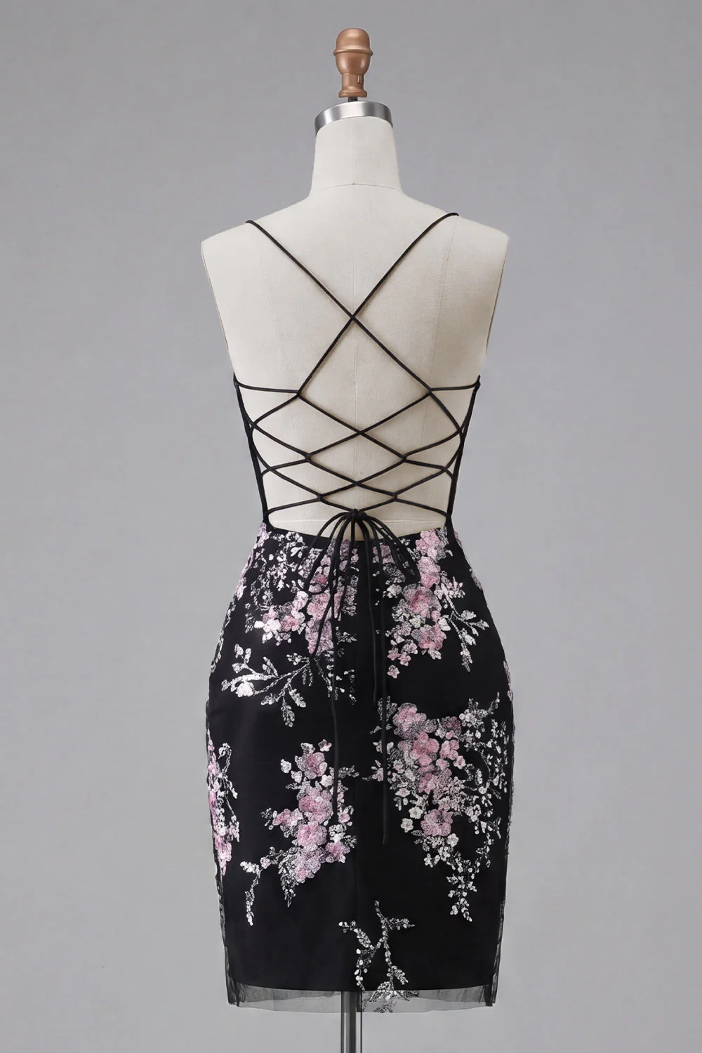 Black Pink Flower Bodycon Sheer Corset Cocktail Dress with Lace Up Back - Image 2