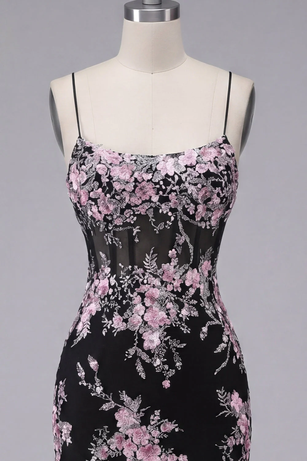 Black Pink Flower Bodycon Sheer Corset Cocktail Dress with Lace Up Back - Image 7