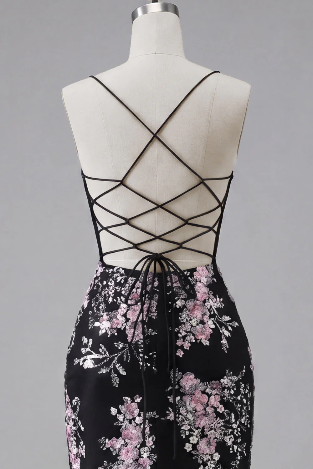 Black Pink Flower Bodycon Sheer Corset Cocktail Dress with Lace Up Back - Image 8