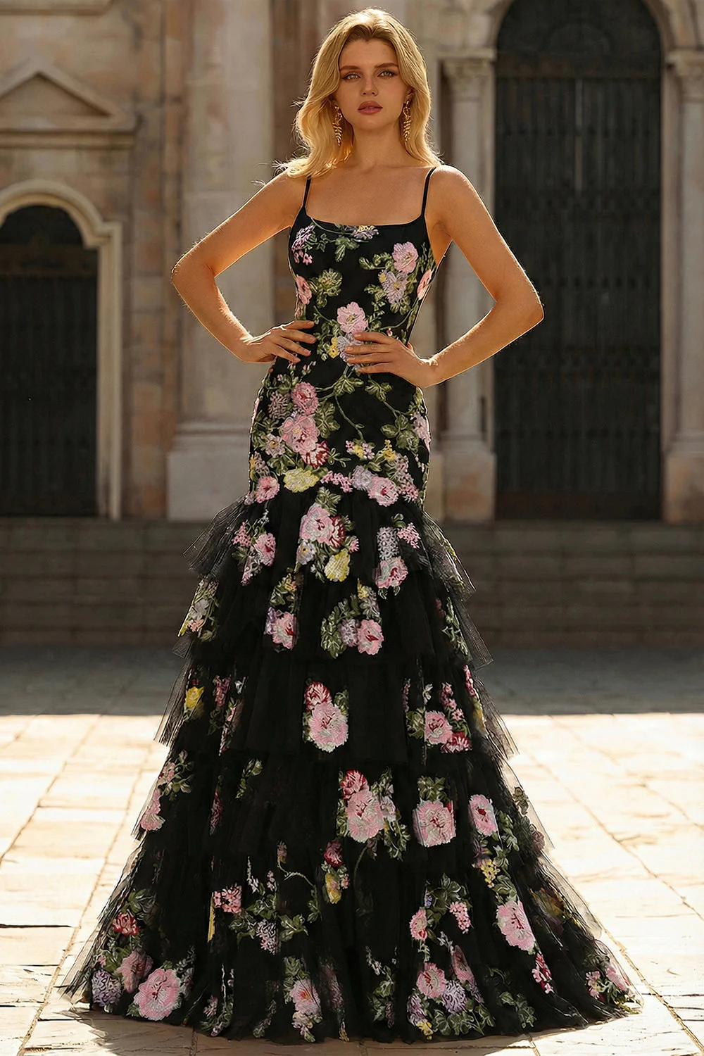 Black Pink Flower Mermaid Ruffled Sequin Long Prom Dress with Lace Up Back - Image 2