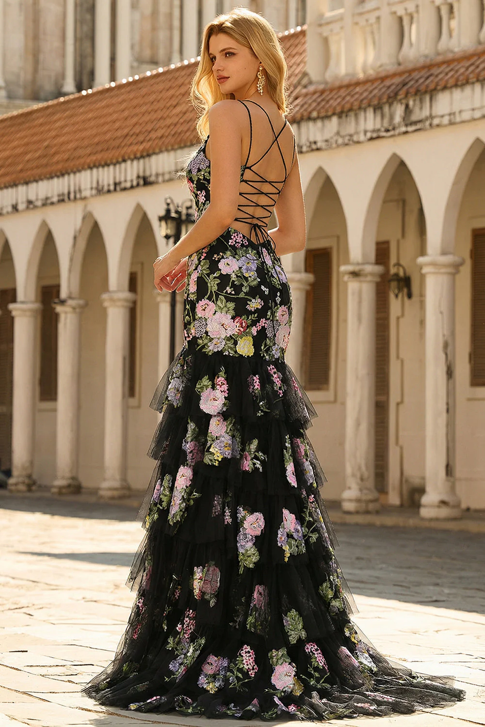 Black Pink Flower Mermaid Ruffled Sequin Long Prom Dress with Lace Up Back - Image 3