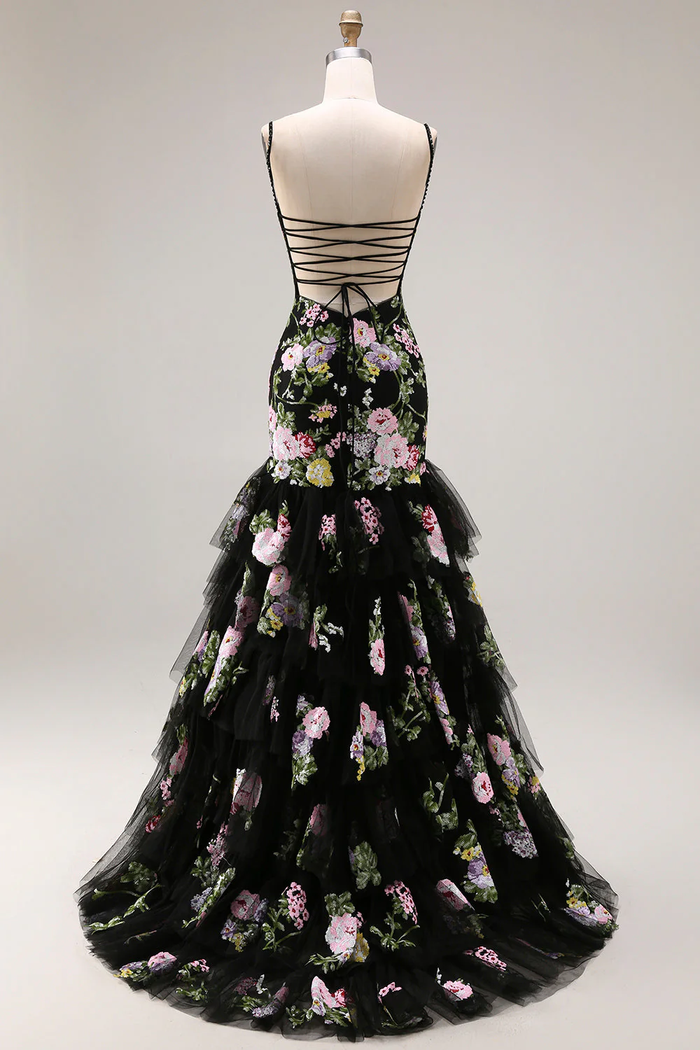 Black Pink Flower Mermaid Ruffled Sequin Long Prom Dress with Lace Up Back - Image 4