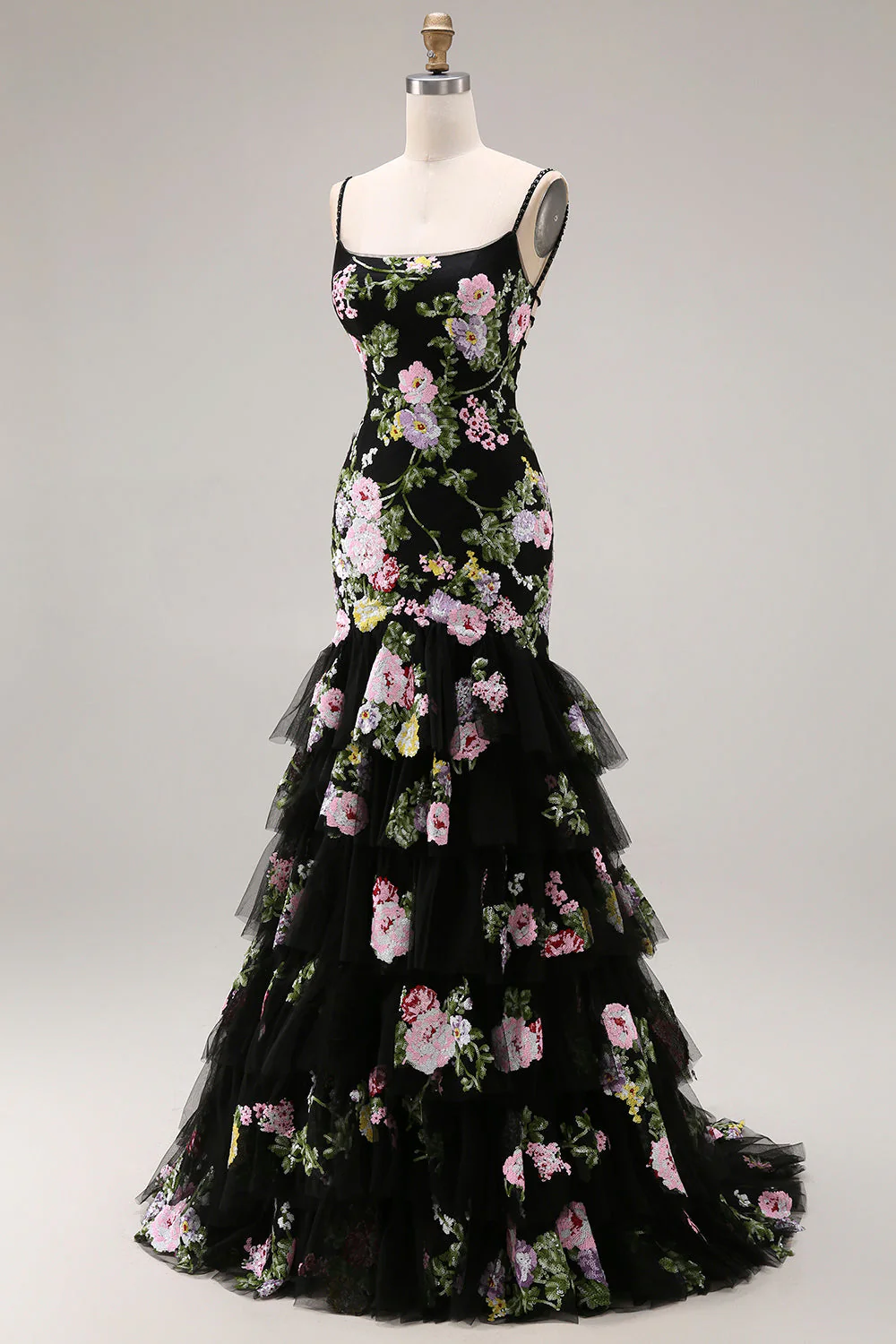 Black Pink Flower Mermaid Ruffled Sequin Long Prom Dress with Lace Up Back - Image 5
