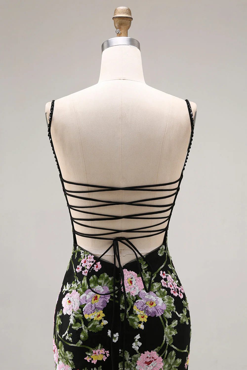 Black Pink Flower Mermaid Ruffled Sequin Long Prom Dress with Lace Up Back - Image 7