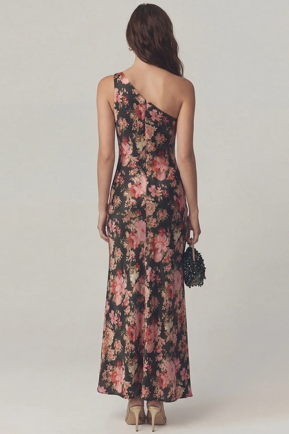 Black Pink Flower One Shoulder Sheath Satin Midi Dress - Image 2