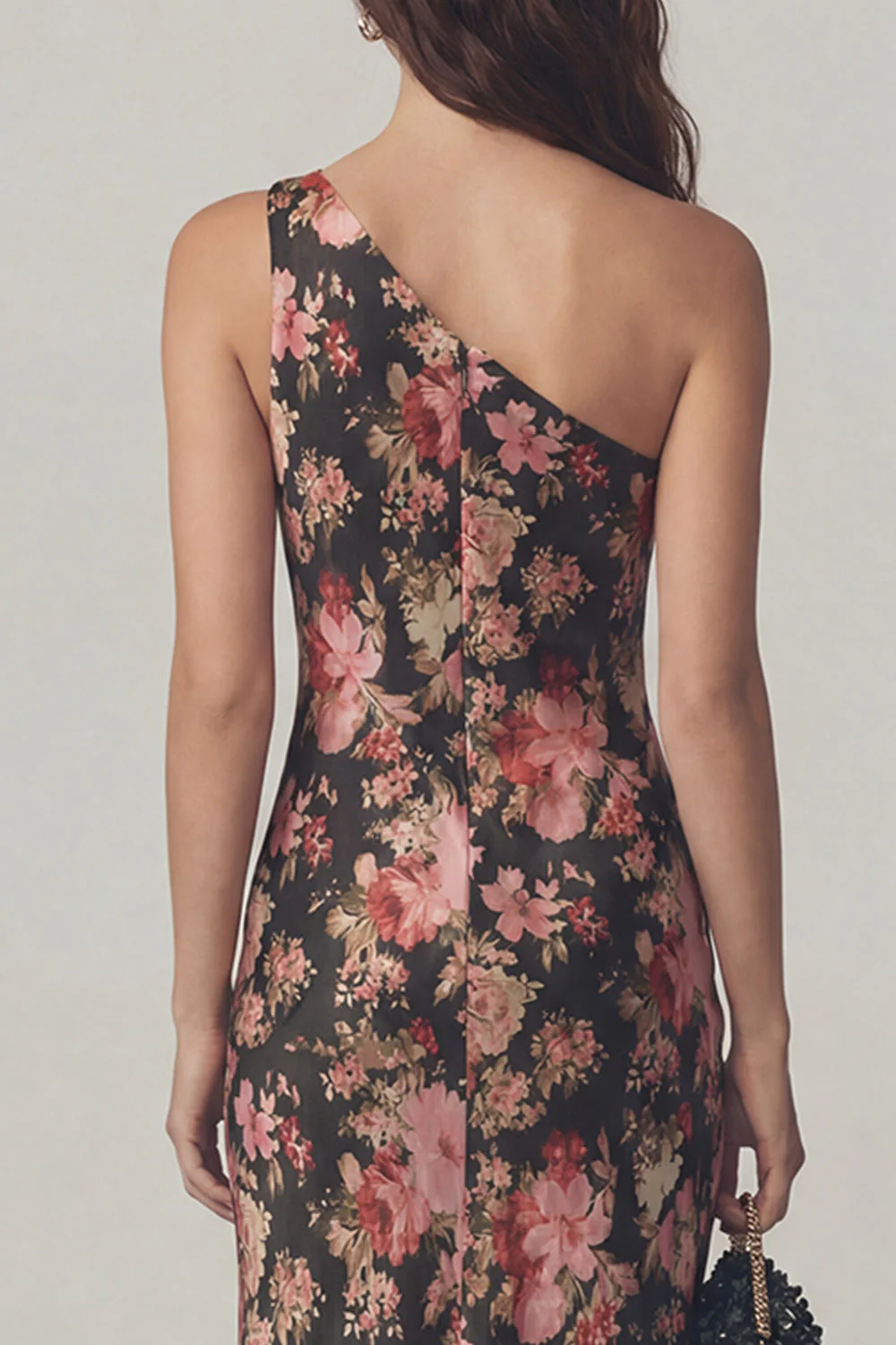 Black Pink Flower One Shoulder Sheath Satin Midi Dress - Image 4
