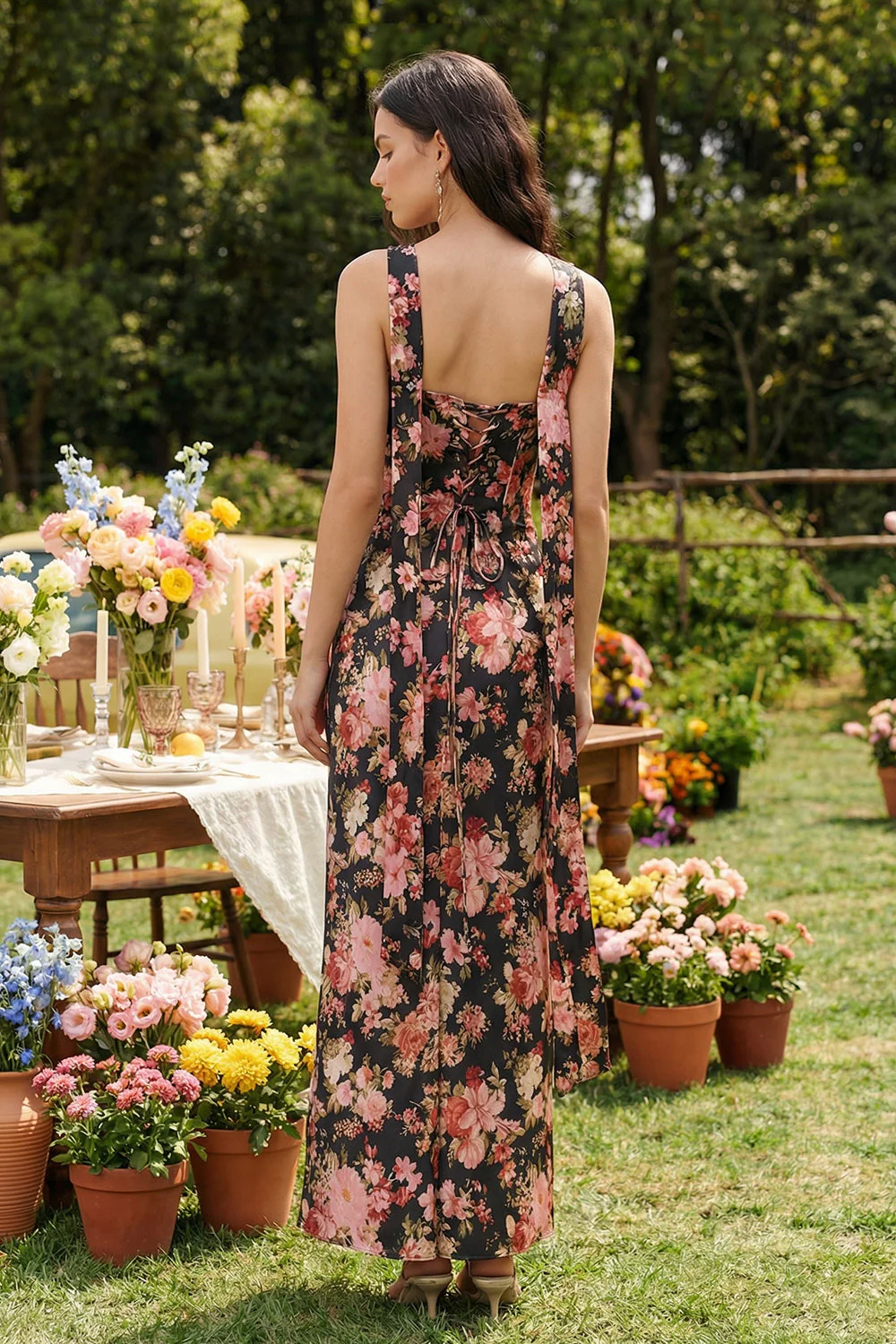 Strapless Sheath Black Pink Flower Satin Printed Midi Dress with a Neck Scarf - Image 2