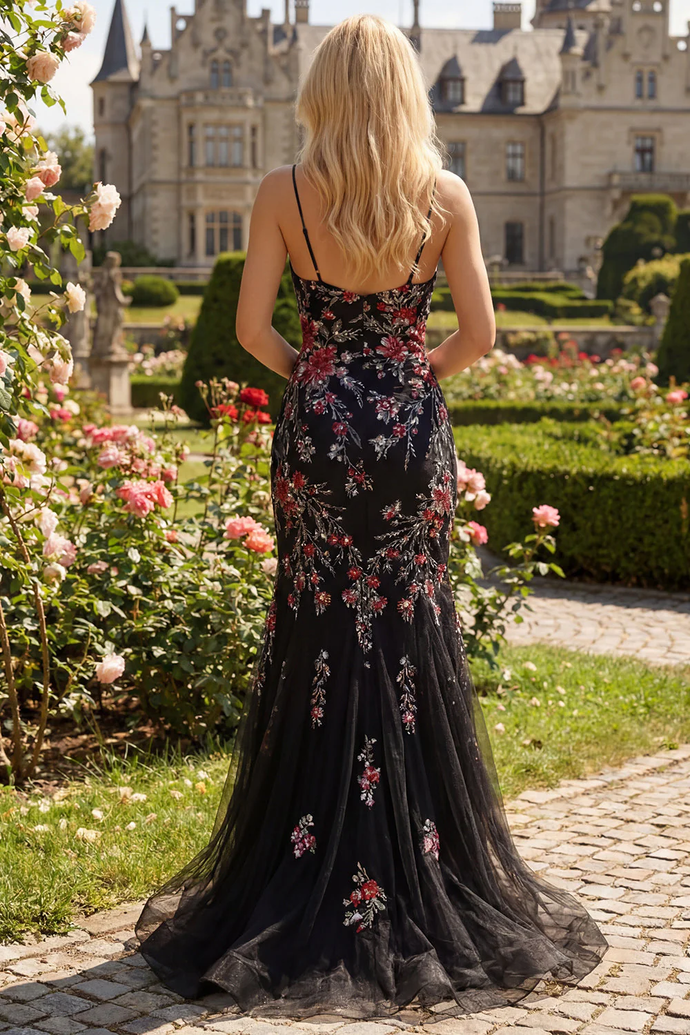 Black Pink Flower Spaghetti Straps Sequins Mermaid Long Prom Dress with Slit - Image 2