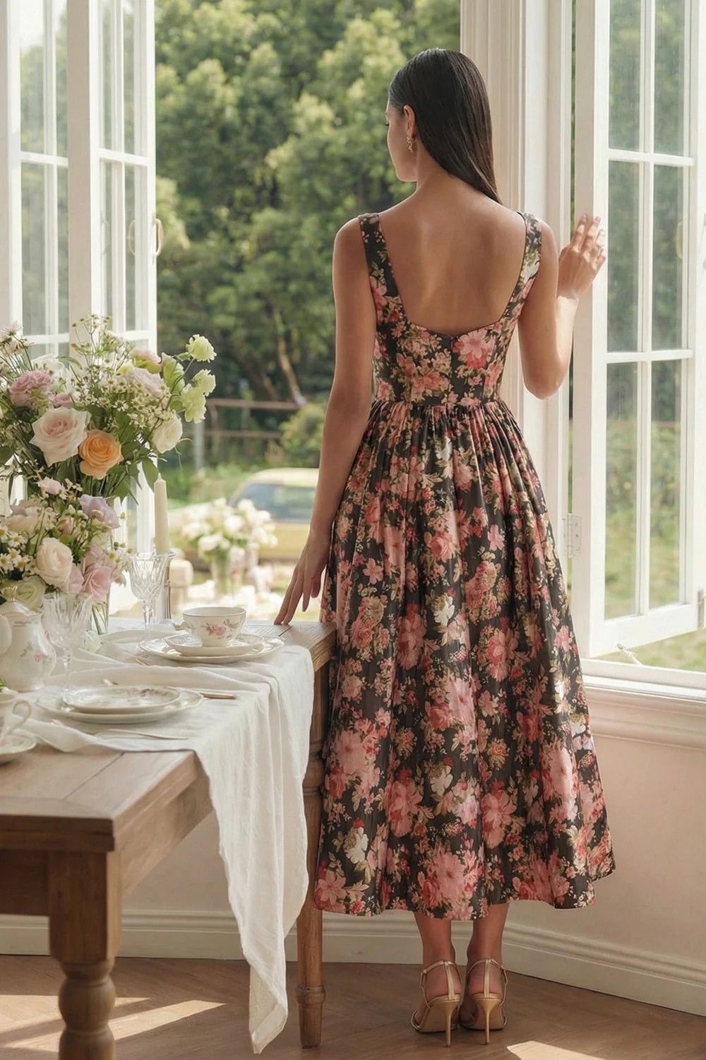 Black Pink Flower Square Neck A-Line Midi Dress - Image 2