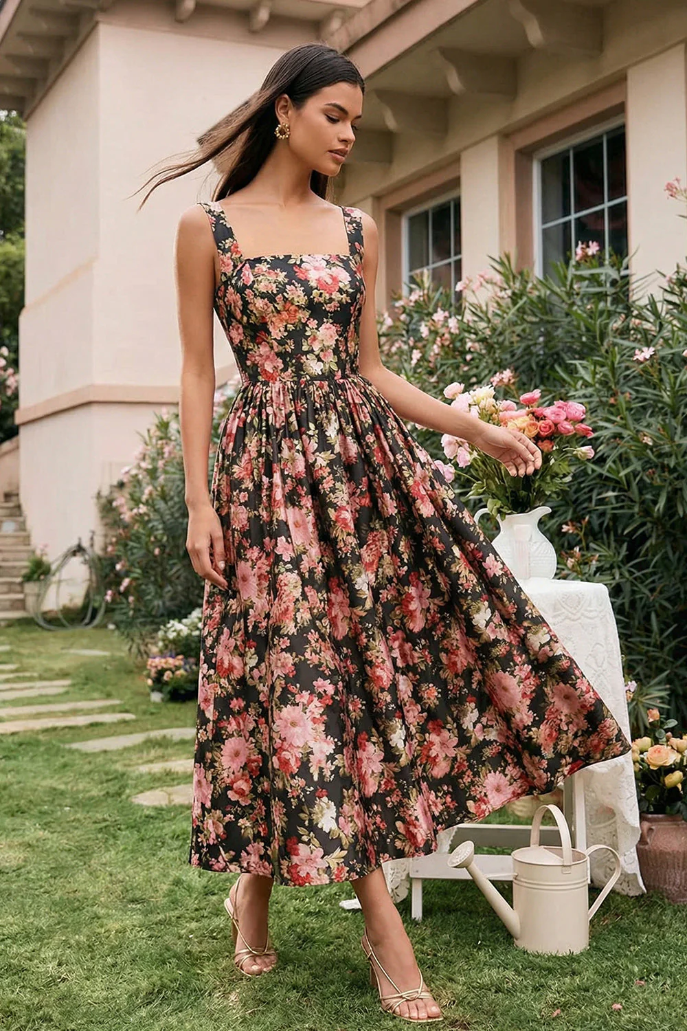 Black Pink Flower Square Neck A-Line Midi Dress - Image 3