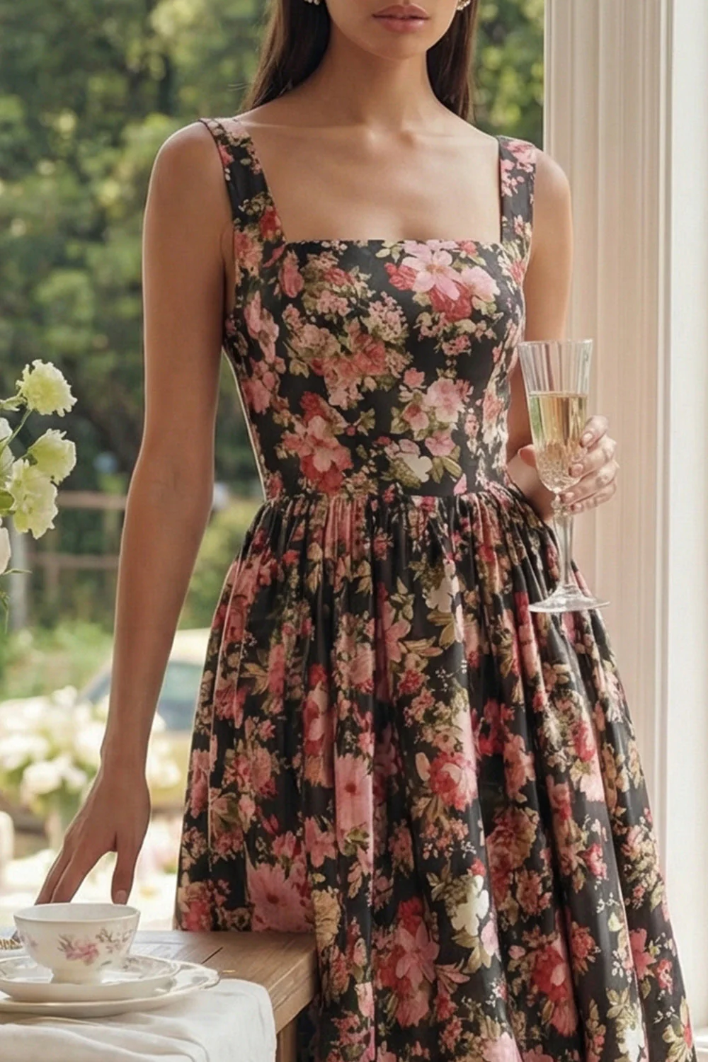 Black Pink Flower Square Neck A-Line Midi Dress - Image 4