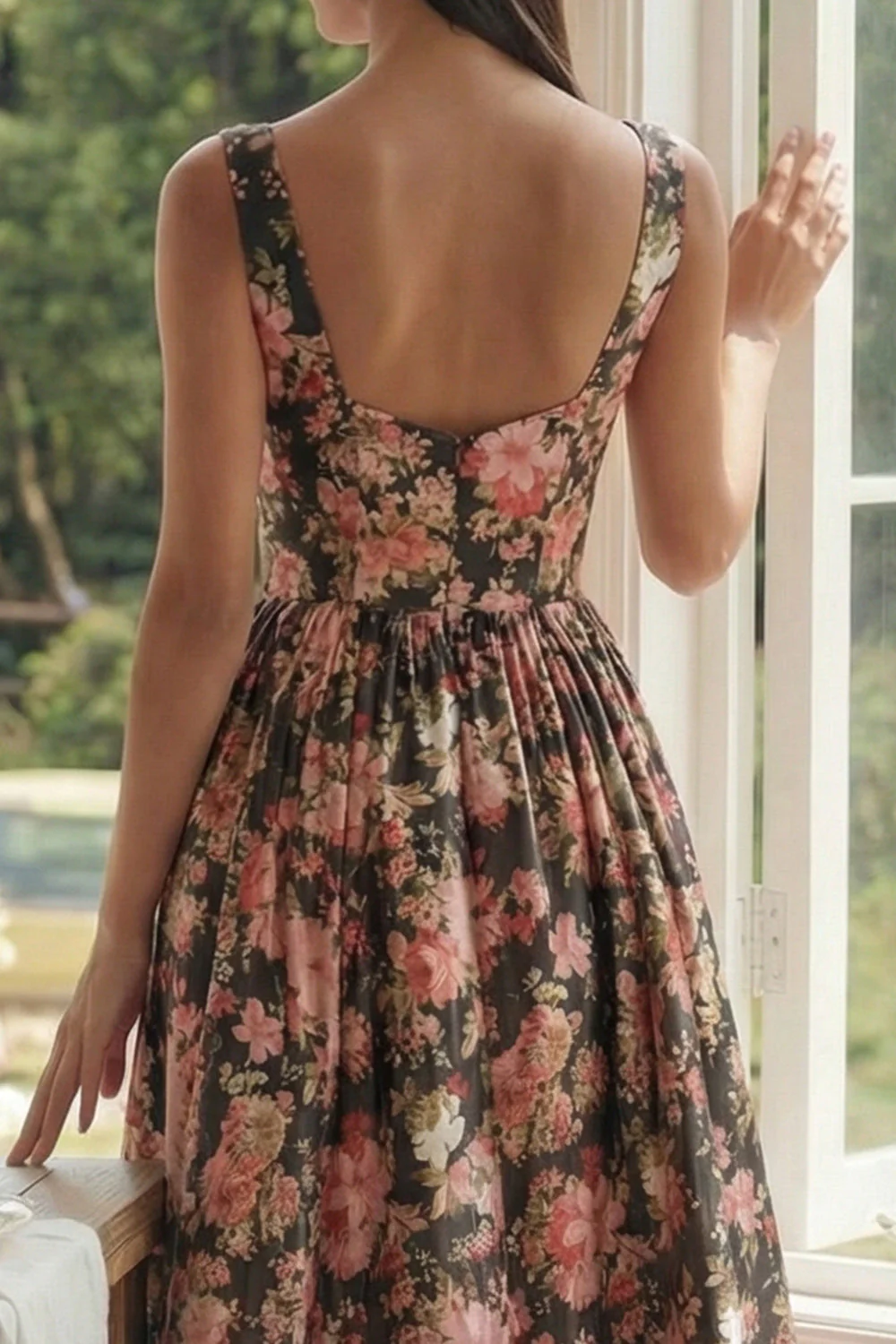Black Pink Flower Square Neck A-Line Midi Dress - Image 5