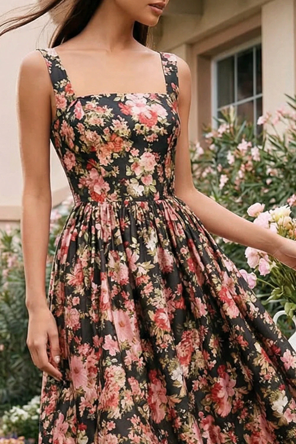 Black Pink Flower Square Neck A-Line Midi Dress - Image 6