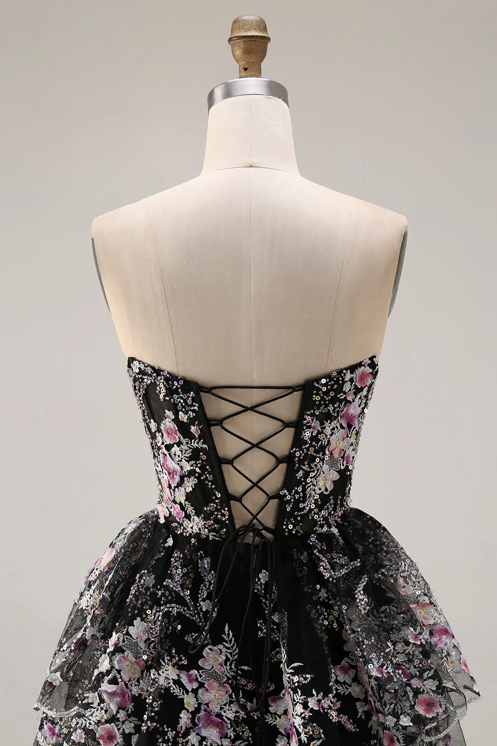 Black Pink Flower Strapless A-Line Tiered Sequin Long Prom Dress with Lace Up Back - Image 10