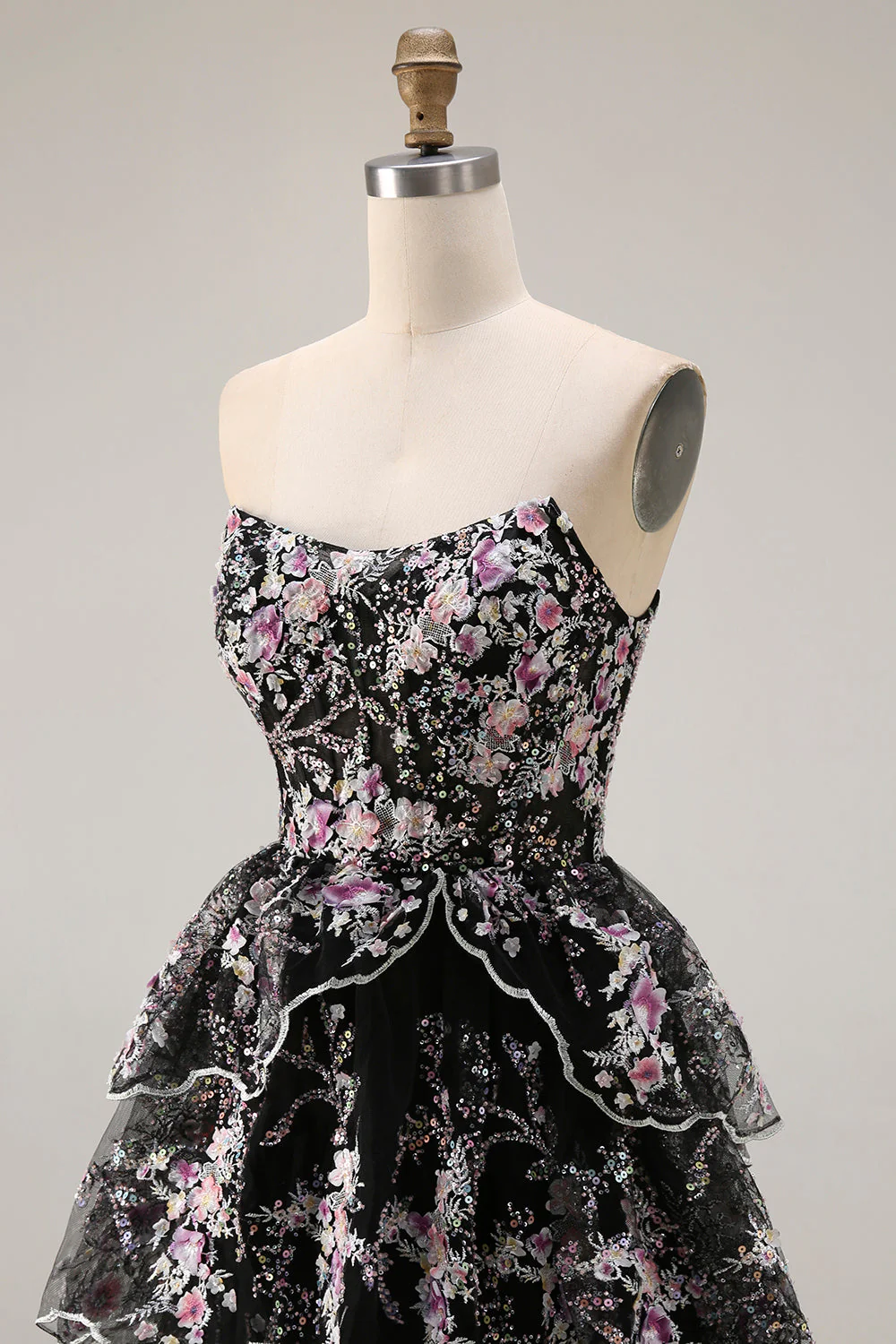 Black Pink Flower Strapless A-Line Tiered Sequin Long Prom Dress with Lace Up Back - Image 11