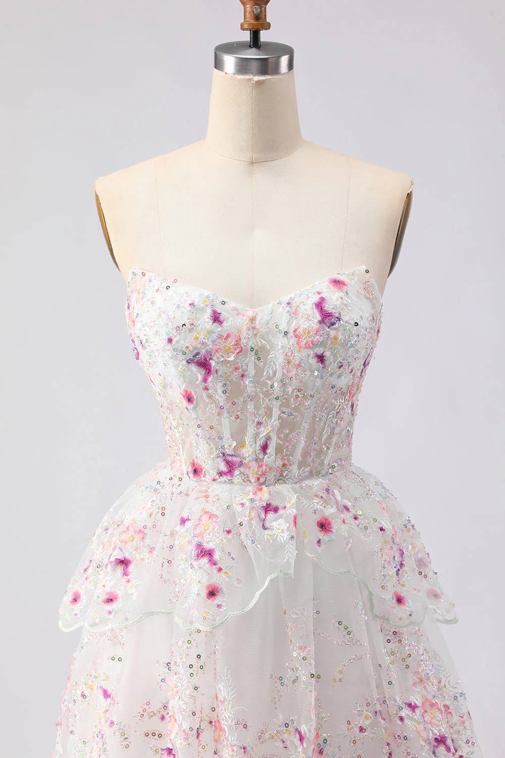 Black Pink Flower Strapless A-Line Tiered Sequin Long Prom Dress with Lace Up Back - Image 4