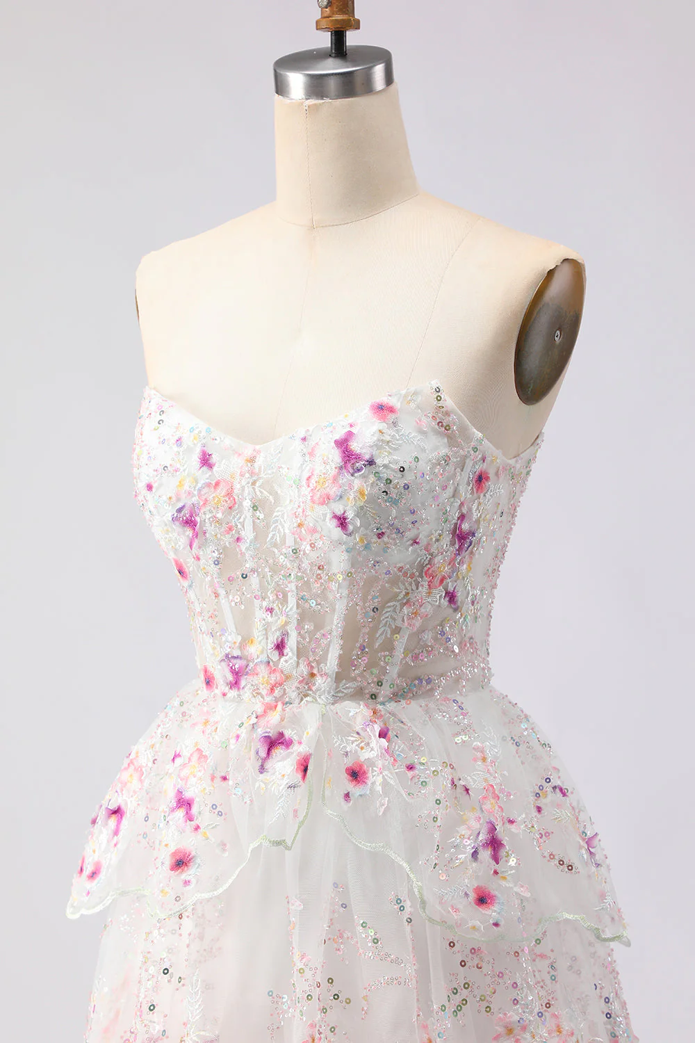 Black Pink Flower Strapless A-Line Tiered Sequin Long Prom Dress with Lace Up Back - Image 6