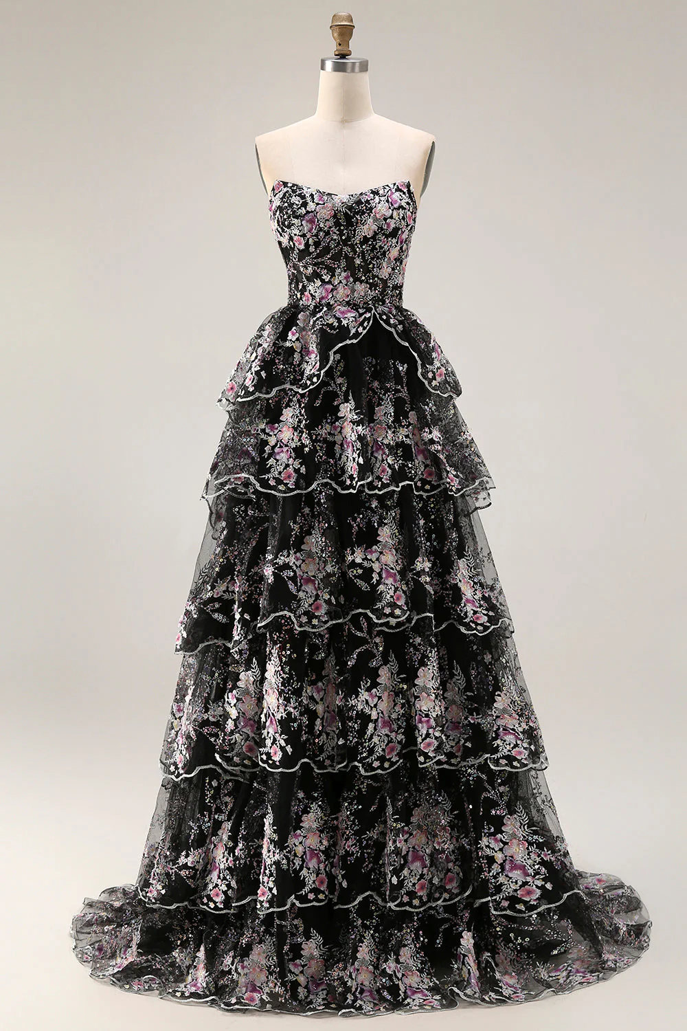 Black Pink Flower Strapless A-Line Tiered Sequin Long Prom Dress with Lace Up Back - Image 7