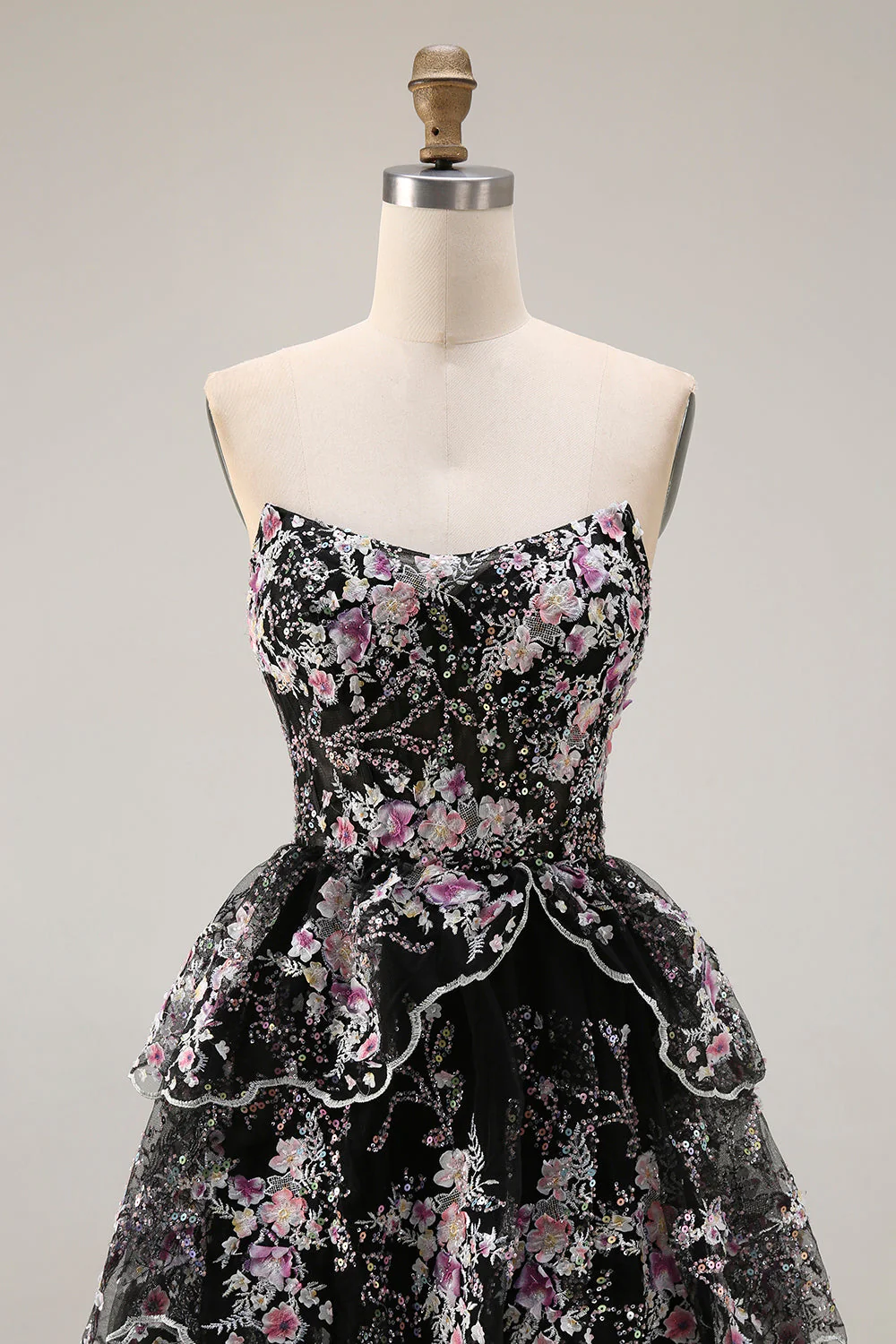 Black Pink Flower Strapless A-Line Tiered Sequin Long Prom Dress with Lace Up Back - Image 9