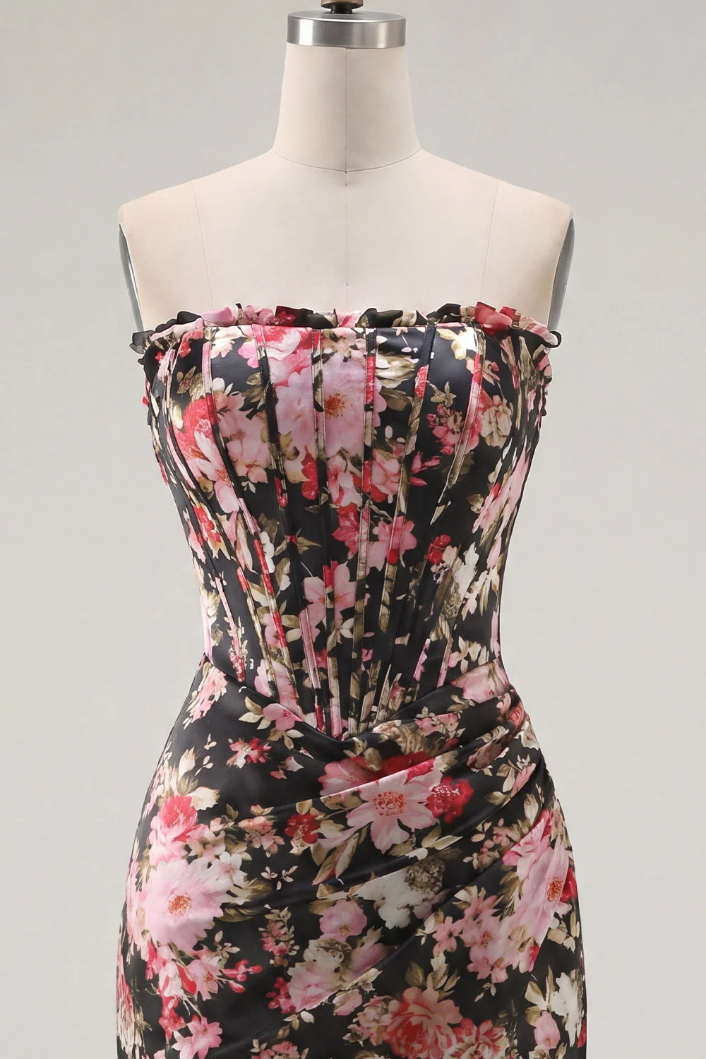 Strapless Bodycon Black Pink Flower Short Corset Cocktail Dress - Image 5