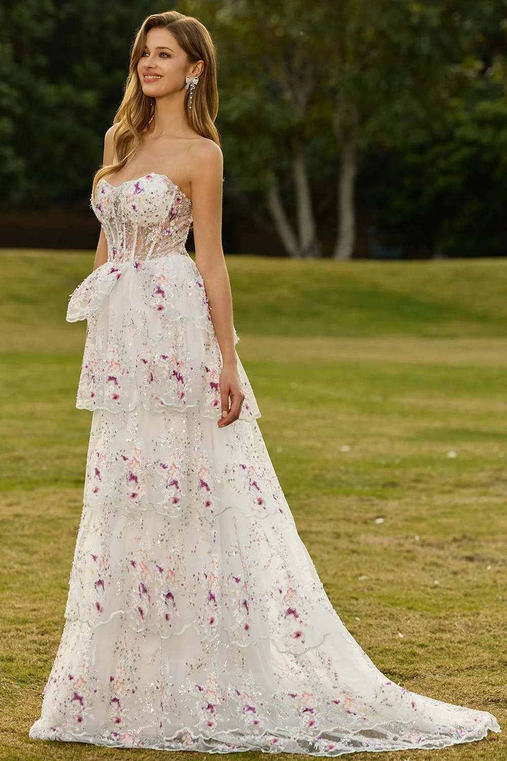 Black Pink Flower Strapless Tiered A-Line Sequin Long Prom Dress with Lace Up Back - Image 11