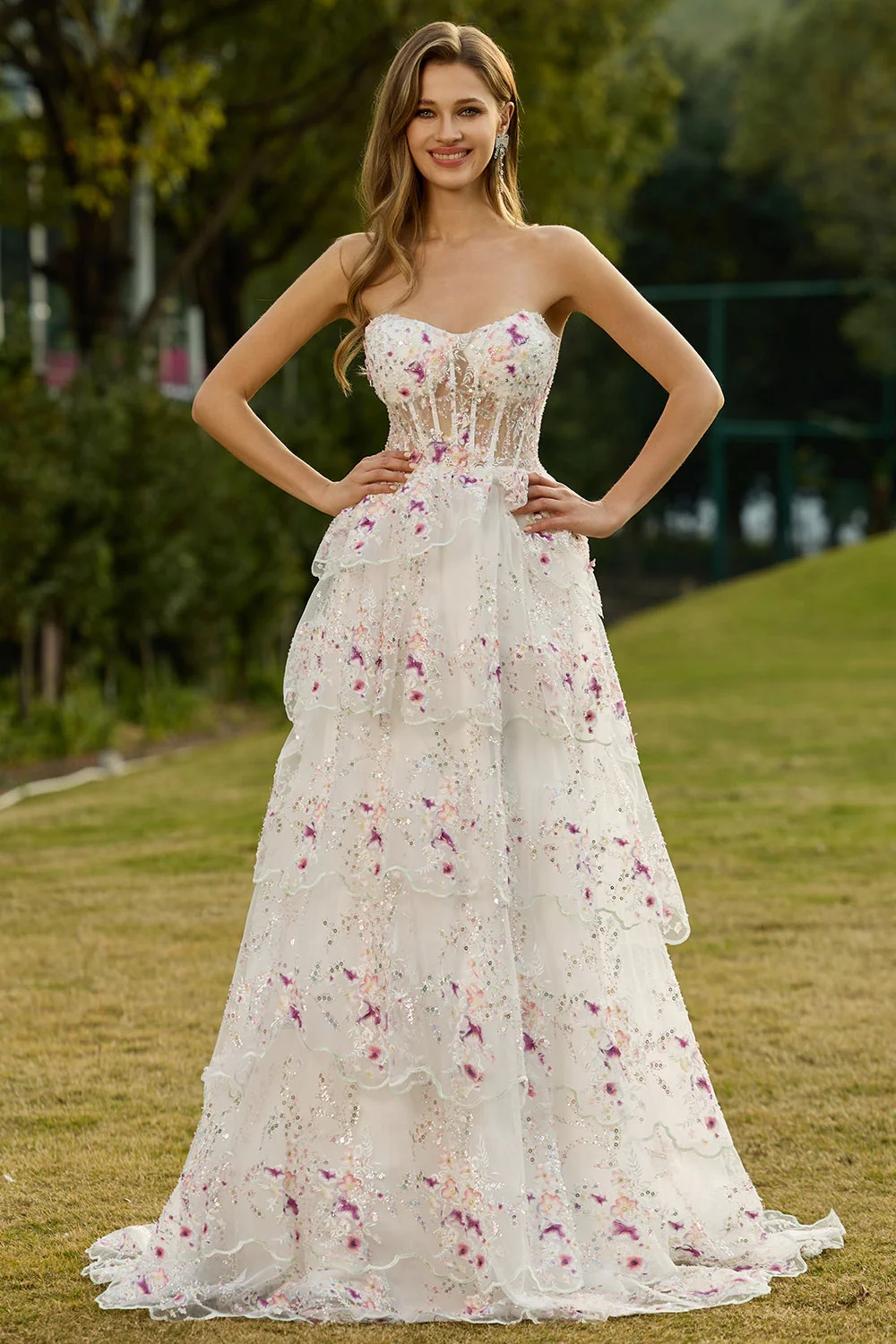 Black Pink Flower Strapless Tiered A-Line Sequin Long Prom Dress with Lace Up Back - Image 7
